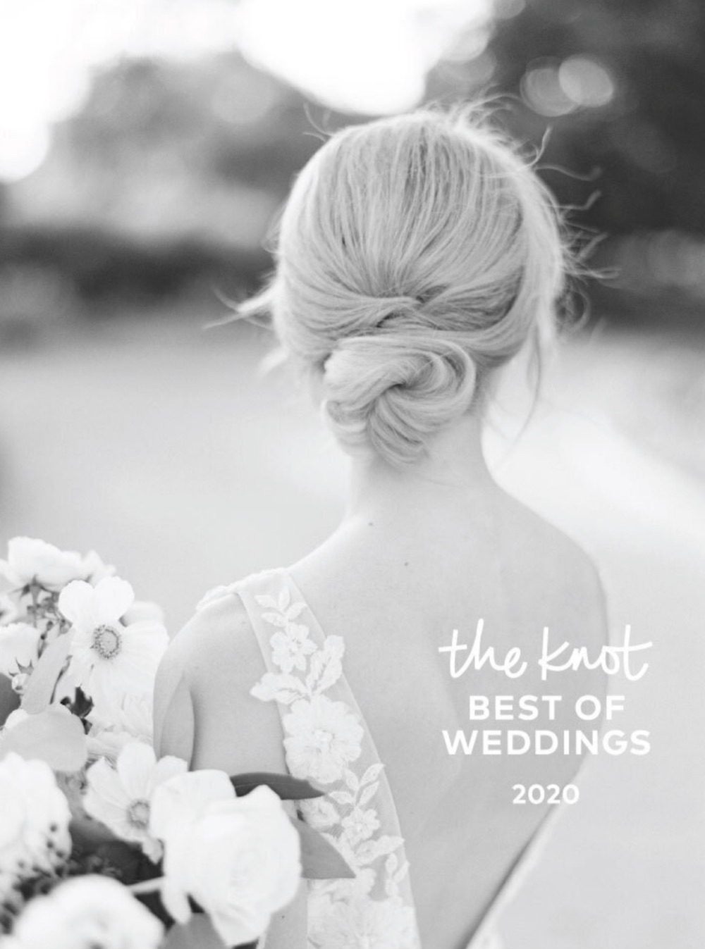 Black and white photo of Mackenzie Reiter with her back to the camera, image overlaid with text that reads ‘The Knot 2020 “Best of Wedding Photographer”’